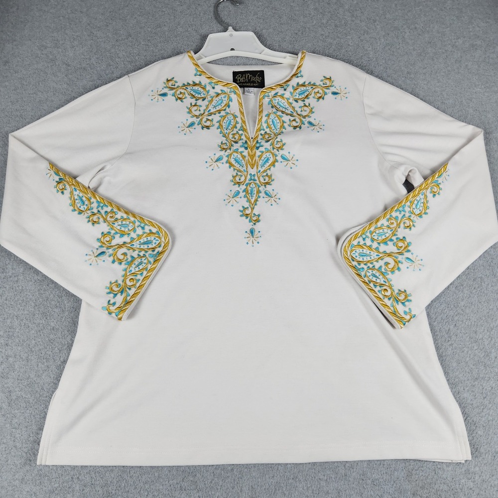 Bob Mackie Wearable Art Tunic Top Womens Large White Embroidered Split Neck